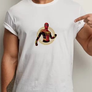 Tricou Spiderman Iron Spider, unisex, rezistent la spălări, bumbac 100%, Regular Fit, culoare alb
