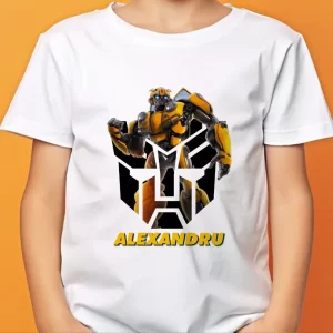 Tricou BumbleBee personalizat pentru copii, Transformers, bumbac 100%, imprimeu rezistent, model cu robotul BumbleBee integrat in logo Transformers, culoare alb