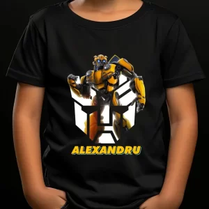 Tricou BumbleBee personalizat pentru copii, Transformers, bumbac 100%, imprimeu rezistent, model cu robotul BumbleBee integrat in logo Transformers, culoare negru