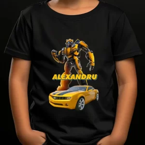 Tricou BumbleBee Transformers Chevrolet Camaro pentru copii, personalizat cu nume, bumbac 100%, imprimeu rezistent, culoare negru