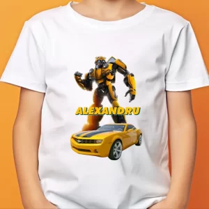 Tricou BumbleBee Transformers Chevrolet Camaro pentru copii, personalizat cu nume, bumbac 100%, imprimeu rezistent, culoare alb