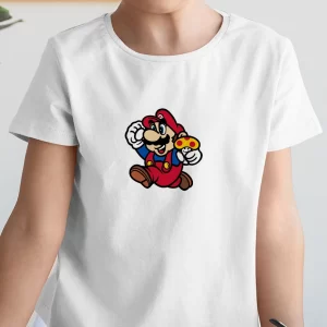 Tricou Mario Mushroom, rezistent la spălări, regular fit, bumbac 100%, culoare alb