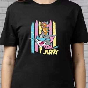 Tricou Tom & Jerry, rezistent la spălări, Unisex, Regular Fit, bumbac 100%, culoare negru