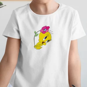 Tricou Tweety Flower, rezistent la spălări, bumbac 100%, Regular Fit, culoare alb