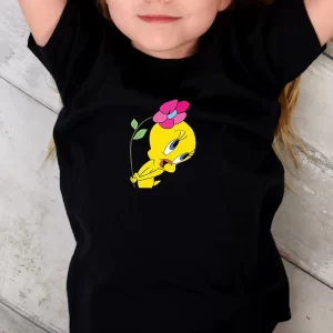 Tricou Tweety Flower, rezistent la spălări, bumbac 100%, Regular Fit, culoare negru