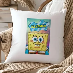 Pernă SpongeBob personalizată cu nume, cadou copii, 40x40cm, material moale, model 1