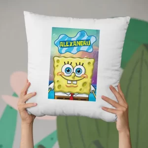 Pernă SpongeBob personalizată cu nume, cadou copii, 40x40cm, material moale, model 1