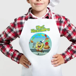 Șorț de bucătărie cu SpongeBob pentru copii, personalizat cu nume, 55x44cm, culoare alb, textură moale, material poliester