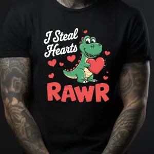 Tricou de Valentines I Steal Hearts RAWR, imprimeu rezistent la spălări, bumbac 100%, Regular fit, tricou bărbaţi, culoare negru