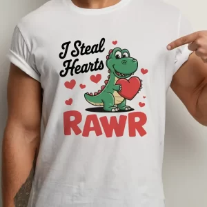 Tricou de Valentines I Steal Hearts RAWR, imprimeu rezistent la spălări, bumbac 100%, Regular fit, tricou bărbaţi, culoare alb