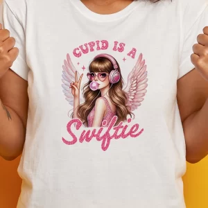 Tricou Cupid Is A Swiftie, unisex, rezistent la spălări, bumbac 100%, Regular Fit, culoare alb