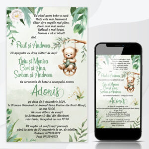 Invitaţie digitală pentru botez model floral cu ursuleţ, fundal watercolor verde