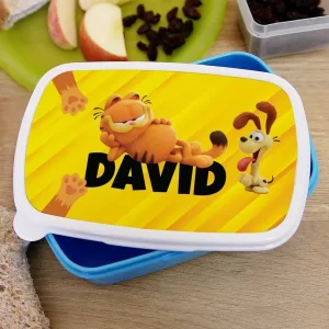Lunchbox albastru cu Garfield şi Odie pentru băieţei, personalizat cu nume, 19x13cm