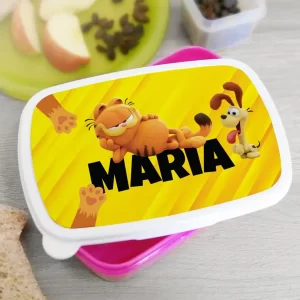 Lunchbox roz cu Garfield şi Odie pentru fetiţe, personalizat cu nume, 19x13cm