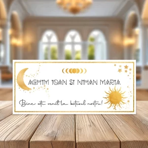 Plicuri de bani pentru botez Soare şi Lună, Celestial, culoare auriu, 20x9cm carton lucios fotografic, funcţie de place card