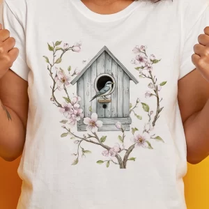 Tricou Mărțișor Spring Birdhouse, unisex, rezistent la spălări, bumbac 100%, Regular Fit, culoare alb