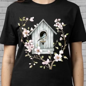 Tricou Mărțișor Spring Birdhouse, unisex, rezistent la spălări, bumbac 100%, Regular Fit, culoare negru