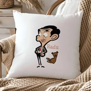Pernă Mr. Bean şi Teddy, personalizată cu nume, 40x40cm, culoare alb, diverse materiale