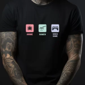 Tricou Amuzant Anime Ramen Video Game, unisex, rezistent la spălări, bumbac 100%, Regular Fit, culoare negru