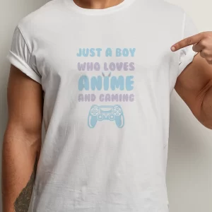 Tricou Amuzant Just A Boy Who Loves Gaming And Anime, unisex, rezistent la spălări, bumbac 100%, Regular Fit, culoare alb