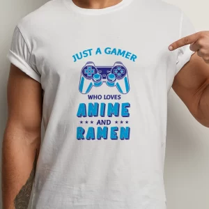 Tricou Amuzant Just A Gamer Who Loves Anime And Ramen, unisex, rezistent la spălări, bumbac 100%, Regular Fit, culoare alb