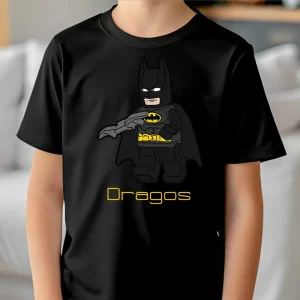Tricou Lego Batman, pentru copii, personalizabil, rezistent la spălări, bumbac 100%, regular fit, culoare negru
