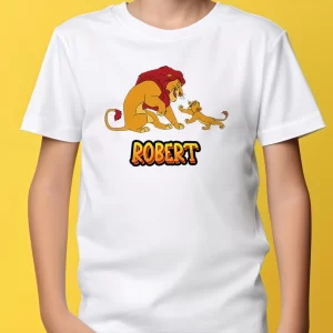 Tricou Mufasa & Simba, pentru copii, personalizabil, rezistent la spălări, bumbac 100%, regular fit, culoare alb