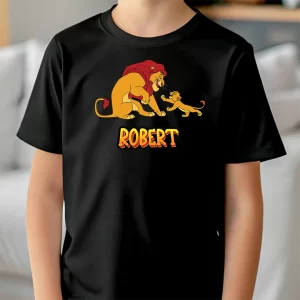 Tricou Mufasa & Simba, pentru copii, personalizabil, rezistent la spălări, bumbac 100%, regular fit, culoare negru