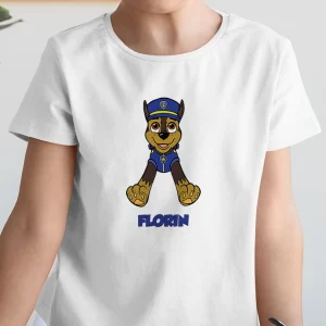 Tricou Patrula Catelusilor Chase #2, personalizat, pentru copii, rezistent la spălări, bumbac 100%, regular fit, culoare alb