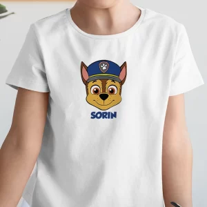 Tricou Patrula Cățelușilor Chase Happy, pentru copii, rezistent la spălări, bumbac 100%, regular fit, culoare alb