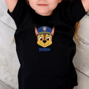 Tricou Patrula Cățelușilor Chase Happy, pentru copii, rezistent la spălări, bumbac 100%, regular fit, culoare negru