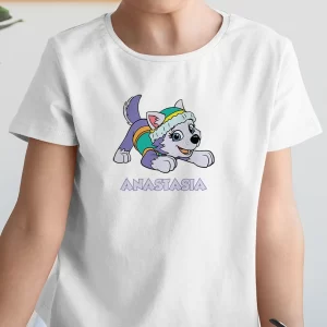 Tricou Patrula Catelusilor Everest, personalizat, pentru copii, rezistent la spălări, bumbac 100%, regular fit, culoare alb