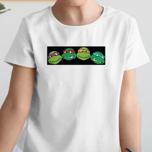 Tricou Țestoasele Ninja Heads, pentru copii, rezistent la spălări, bumbac 100%, regular fit, culoare alb