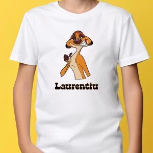 Tricou Timon Smiling, pentru copii, personalizabil, rezistent la spălări, bumbac 100%, regular fit, culoare alb
