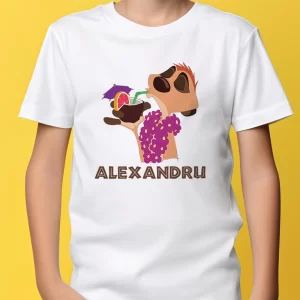 Tricou Timon Vacation, pentru copii, personalizabil, rezistent la spălări, bumbac 100%, regular fit, culoare alb