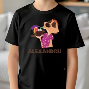 Tricou Timon Vacation, pentru copii, personalizabil, rezistent la spălări, bumbac 100%, regular fit, culoare negru