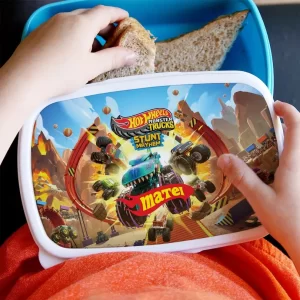 Lunch box Hot Wheels Monster Truck pentru copii, personalizat cu nume, 19x13cm, culoare albastru
