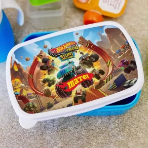Lunch box Hot Wheels Monster Truck pentru copii, personalizat cu nume, 19x13cm, culoare albastru