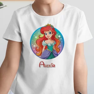 Tricou Ariel Mica Sirenă Princess, pentru copii, rezistent la spălări, bumbac 100%, regular fit, culoare alb