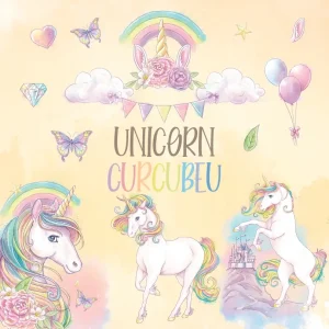 Botez Unicorn Curcubeu, fundal crem, pentru fetiţe