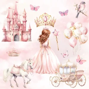 Set pentru botez cu fluturi, prinţesă, şi elemente cum ar fi caleaşcă, baloane, castel şi cal, în culori roz pastelat, pentru fetiţe