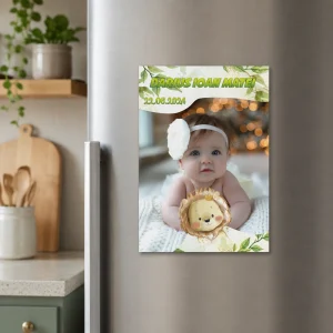 Mărturie pentru botez magneţi Lion Safari, culoare verde, personalizaţi