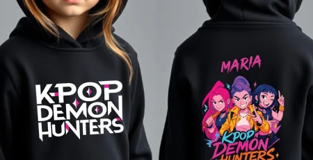 Hanorac KPop Demon Hunters Huntrix personalizat cu nume, model negru pentru copii, design colorat cu personaje anime