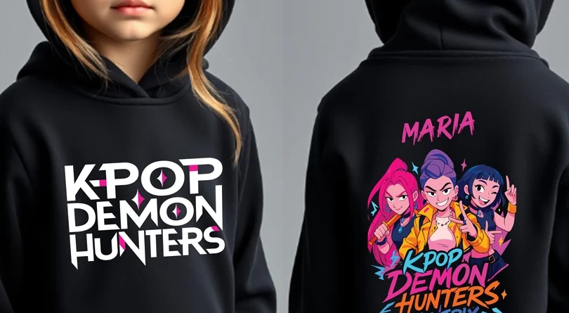 Hanorac KPop Demon Hunters Huntrix personalizat cu nume, model negru pentru copii, design colorat cu personaje anime