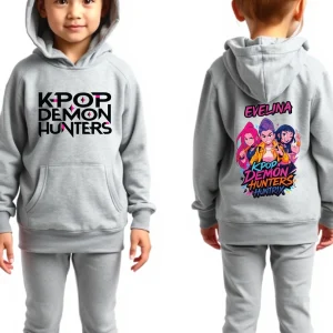 Hanorac KPop Demon Hunters Huntrix personalizat cu nume, model gri pentru copii, design colorat cu personaje anime