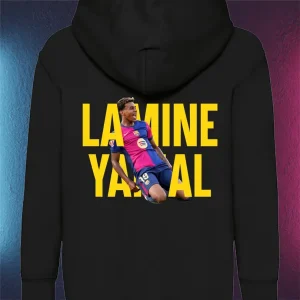 Hanorac Lamine Yamal pentru copii personalizat, fără fermoar, cu glugă şi buzunar frontal, culoare negru, model inscriptionat pe spate cu silueta lui Lamine Yamal si text galben.