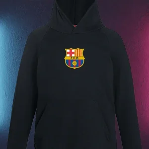 Hanorac Lamine Yamal pentru copii personalizat, fără fermoar, cu glugă şi buzunar frontal, culoare negru, model inscriptionat pe faţă cu sigla FC Barcelona