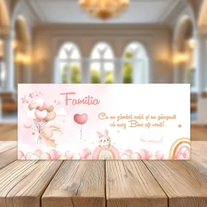 Plic de bani botez cu iepuraș și baloane roz, fundal watercolor pastel, mesaj de bun venit pentru invitați