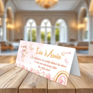 Plic de bani botez personalizat cu nume și mesaj de mulțumire, design cu iepuraș, baloane și curcubeu pastel