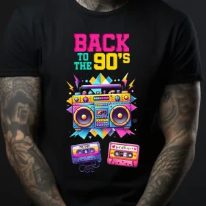 Tricou de culoare negru, cu textul Back to the 90's, cu ilustratii in culorii vii cum ar fi un casetofon si casete retro